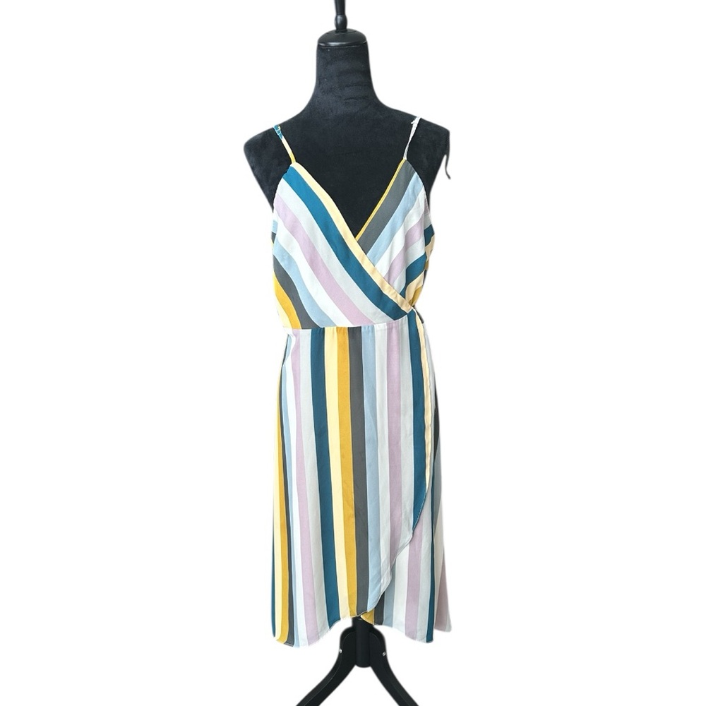 Leith Striped Wrap Midi Dress Women’s Size Large Multicolor Sleeveless‎ V-Neck